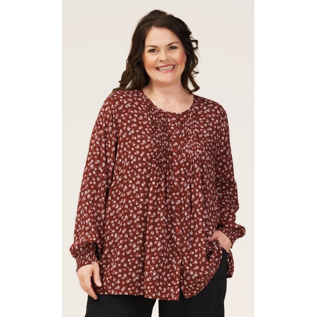 Gozzip Woman Bertha Shirt Blouse Shirt Blouse Bordeaux Printed