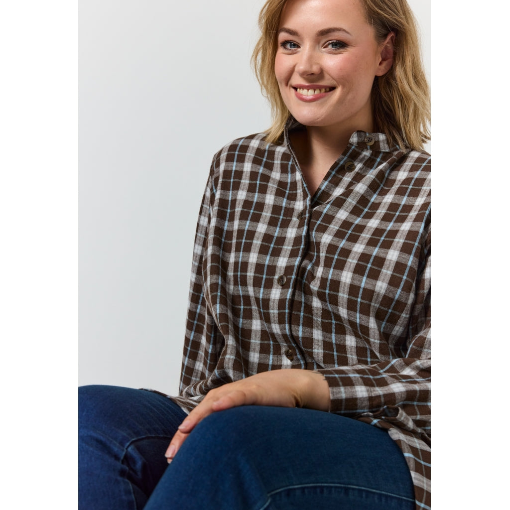 Gozzip Woman GMonna Shirt Tunic Shirt Tunic Brown check with light blue stripe