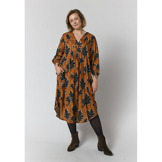 Gozzip Woman GElse Dress Dress Fall orange with black leave