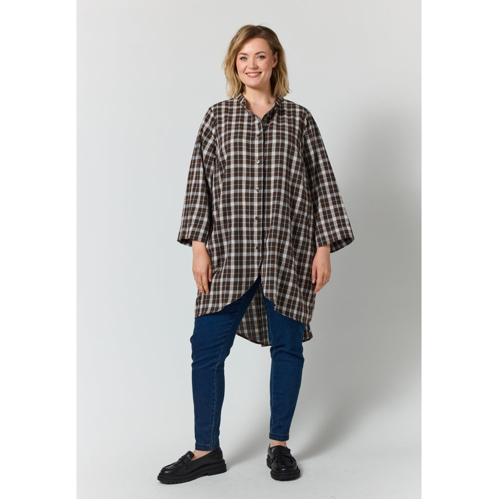 Gozzip Woman GMonna Shirt Tunic Shirt Tunic Brown check with light blue stripe