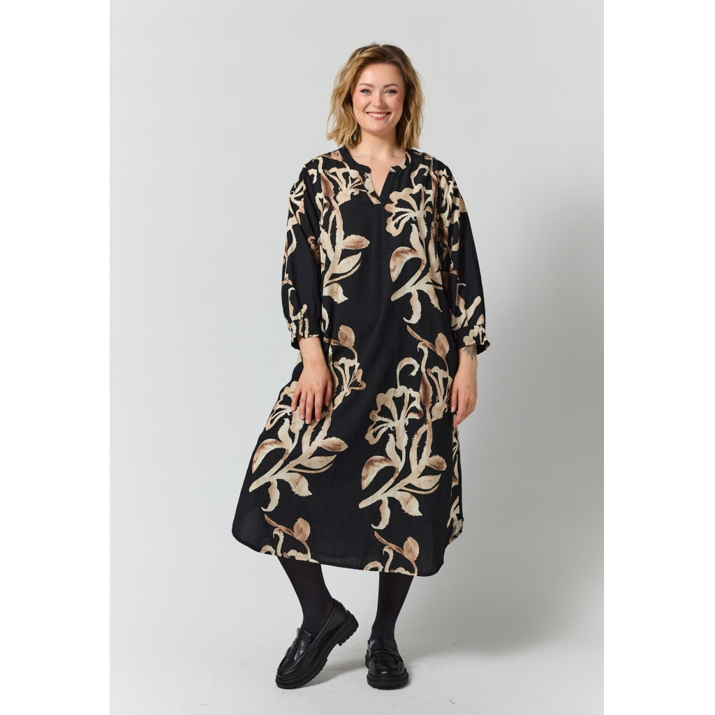 Gozzip Woman GValdis Dress Dress Black with offwhite brown leaves