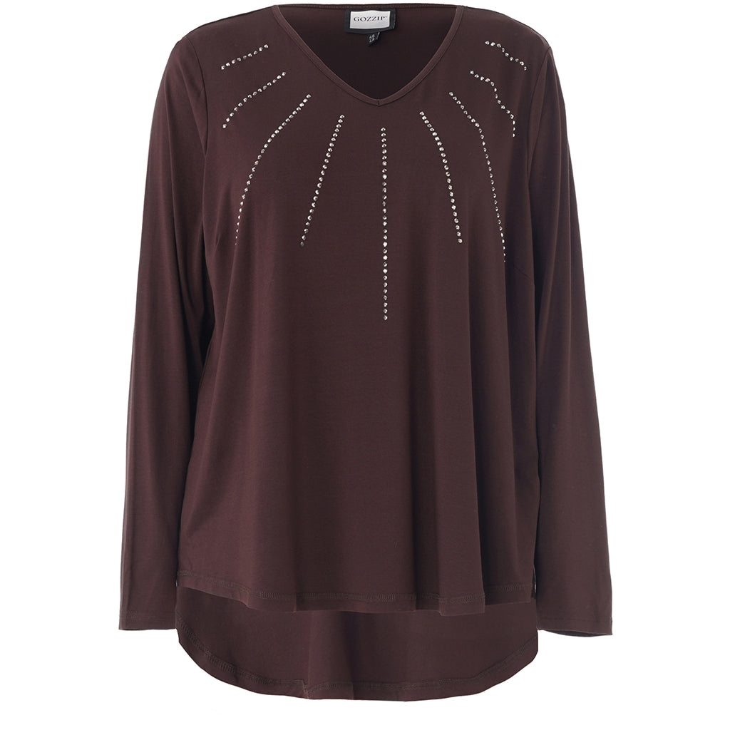 Gozzip Woman Gitte t-shirt with long sleeves with stones T-Shirt Brown